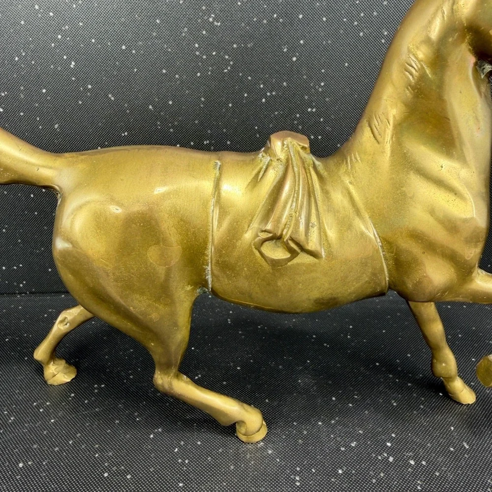 Vintage Brass Trotting Horse Figurine Heavy Equestrian Decor 10.5 Inch Figure